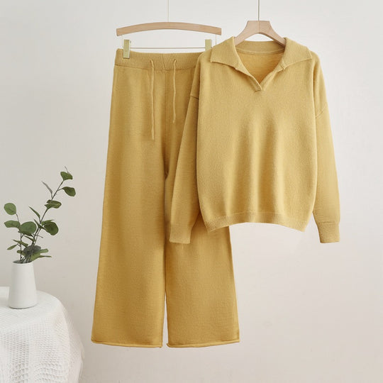 Damen gemütliches Strick-Loungewear-Set mit weit geschnittenem Pullover und Hose EB