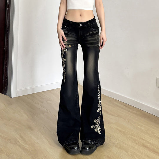 Damen Flared Jeans mit eleganter Blumenstickerei EB