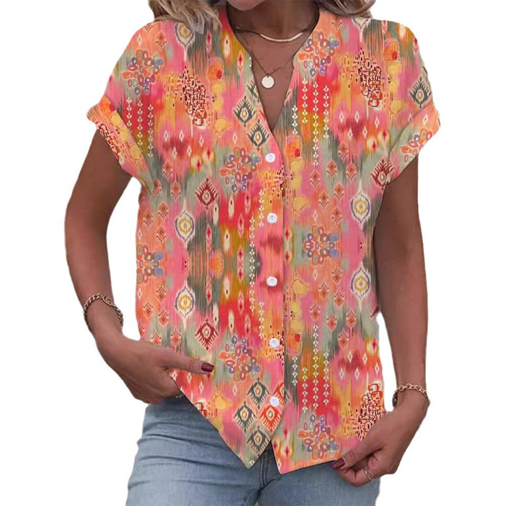 Damen Kurzarmbluse mit kunstvollem Ikat-Design Heidi-Mode