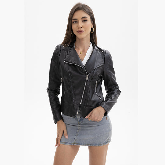 Damen nan taillierte Bikerjacke aus Kunstleder mit Nieten und asymmetrischem Reißverschluss EB