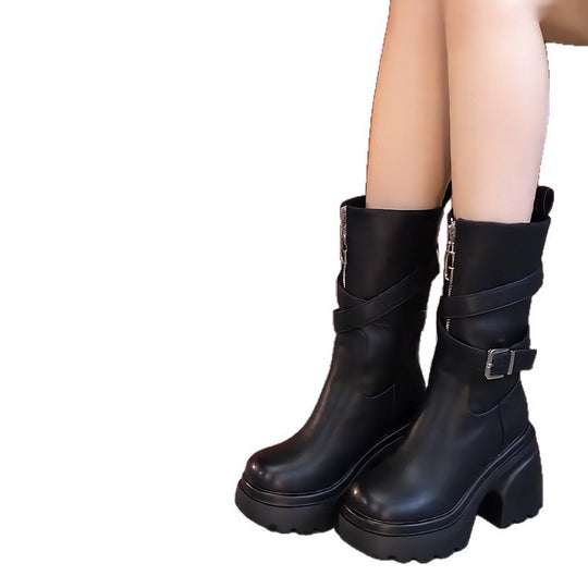 Damen Stilvolle Stiefeletten mit hohen Blockabsätzen und modischem Riemendesign EB