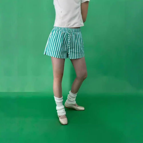 Damen bequeme Freizeit-Shorts mit farbenfrohem Streifenmuster und elastischem Bund EB