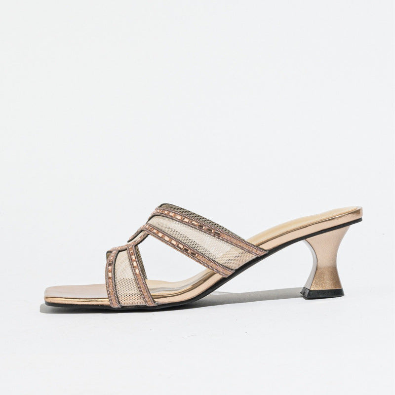 Damen elegante High Heel Mules mit glitzernden Riemen und komfortablem Absatz EB