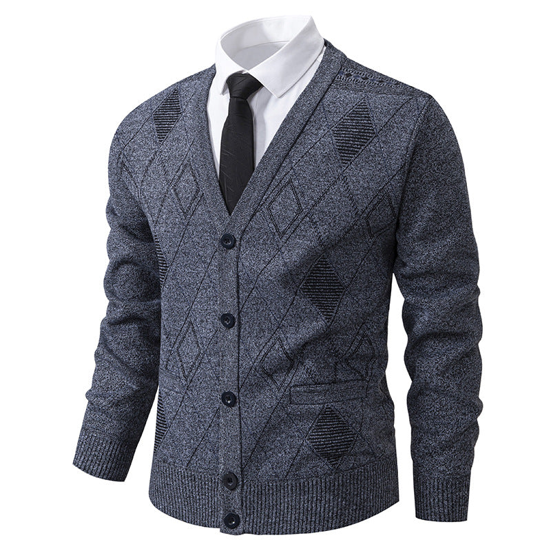 Herren nan feiner Rauten-Strickcardigan mit V-Ausschnitt, Knopfleiste und Eingriffstaschen EB