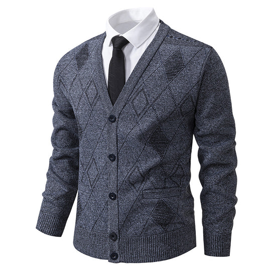 Herren nan feiner Rauten-Strickcardigan mit V-Ausschnitt, Knopfleiste und Eingriffstaschen EB