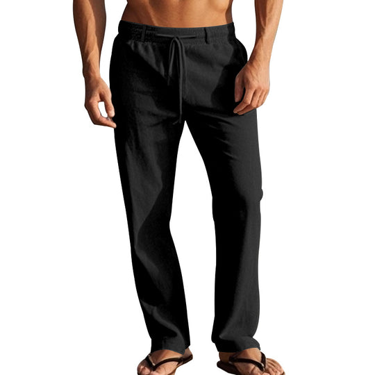 Herren nan leichte Leinen-Loungehose mit elastischem Tunnelzugbund, Kordelzug und weitem Bein EB
