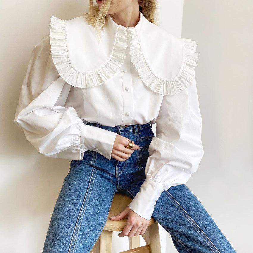 Damen Elegante Bluse mit dekorativem Volantkragen und Puffärmeln EB