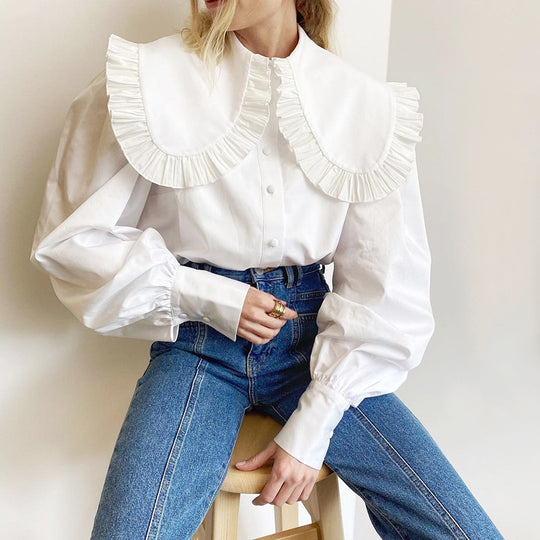 Damen Elegante Bluse mit voluminösen Ärmeln und Rüschensaum EB