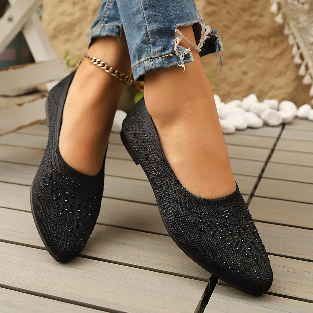Damen elegante Ballerinas mit modischem Strass-Detail und atmungsaktiver Strickoberfläche EB
