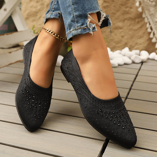 Damen elegante Ballerinas mit modischem Strass-Detail und atmungsaktiver Strickoberfläche EB