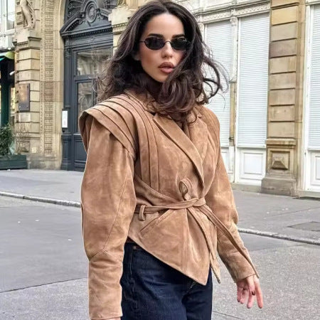 Damen nan taillierter Wildlederoptik Blazer mit Wickelgürtel und gerafften Schultern EB