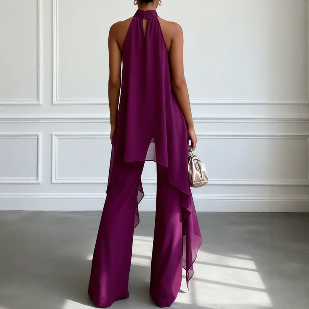 Damen nan elegantes Abendzweiteiler mit gerafftem Stehkragen, asymmetrischem Volant und fließender Schlaghose EB