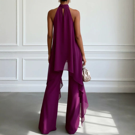 Damen nan elegantes Abendzweiteiler mit gerafftem Stehkragen, asymmetrischem Volant und fließender Schlaghose EB