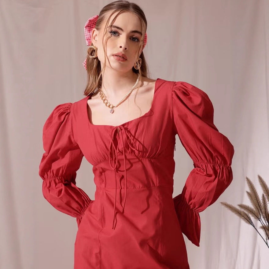Damen Puffärmeliges Mini-Kleid mit eckigem Ausschnitt, Kordel-Bustier und Glockenärmeln EB