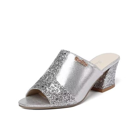 Damen nan elegante offene Pantolette mit feinem Netz, funkelnden Applikationen und mittelhohem Blockabsatz EB