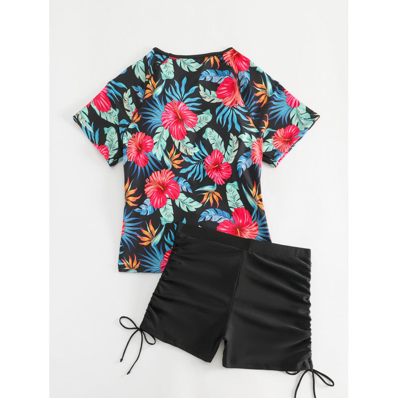 Damen Surf-Badeanzug-Set mit floralem Kurzärmel-Oberteil und komfortablen Shorts EB