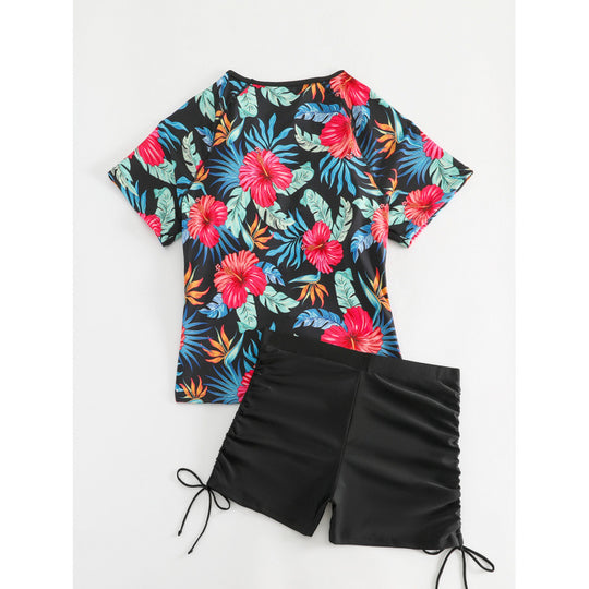 Damen Surf-Badeanzug-Set mit floralem Kurzärmel-Oberteil und komfortablen Shorts EB