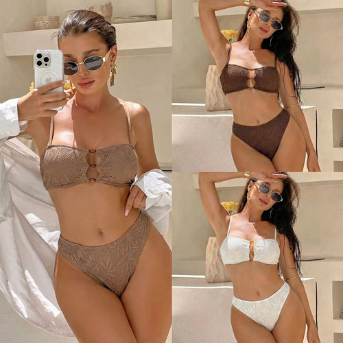 Damen Bandeau-Bikini mit floralem Häkelmuster EB