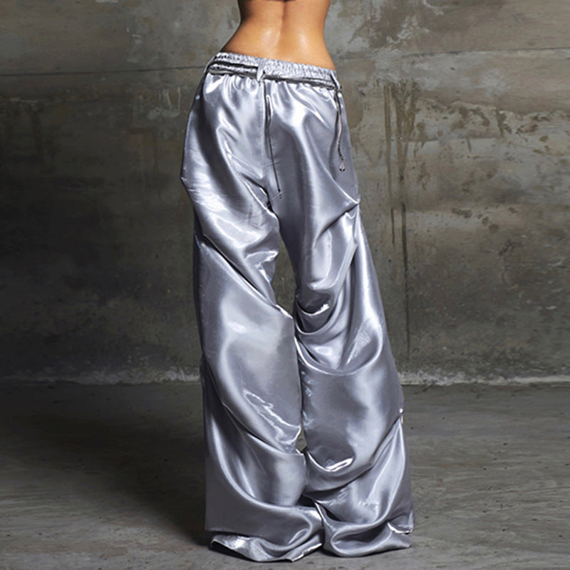 Damen Satin-Hosen mit dekorativem Grafikdruck und weitem Bein EB