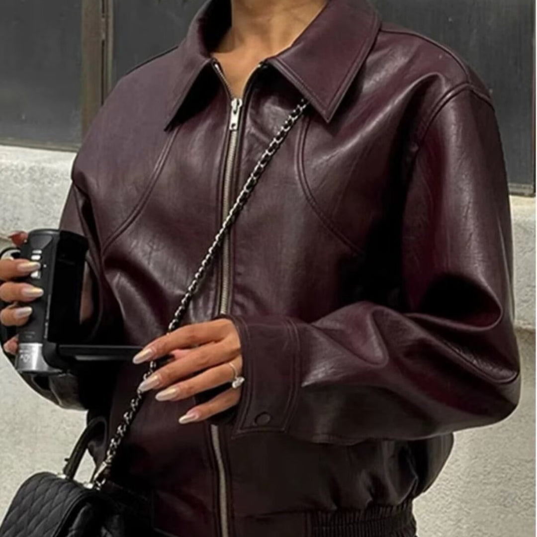 Damen nan klassische Harrington-Kunstlederjacke mit Hemdkragen, durchgehendem Reißverschluss und elastischem Saum EB