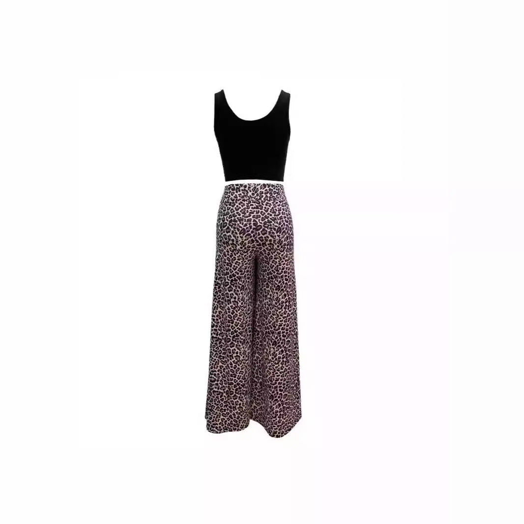 Damen Weite Leoprint-Hose mit hohem Bund und elastischem Taillenbund EB