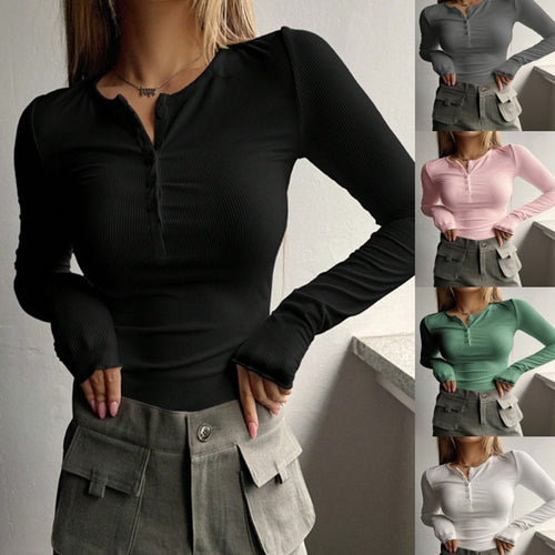 Damen Langarmshirt mit feiner Rippstruktur und Knopfleiste EB