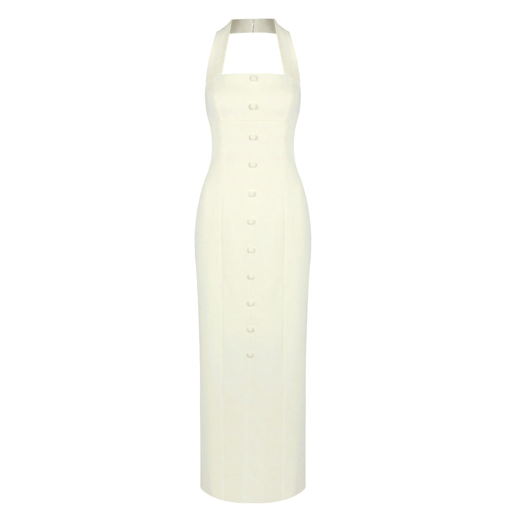 Damen Elegantes Maxikleid mit Halfter-Ausschnitt und raffinierten Knopfdetails EB