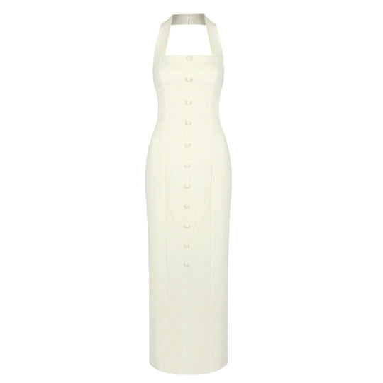 Damen Elegantes Maxikleid mit Halfter-Ausschnitt und raffinierten Knopfdetails EB