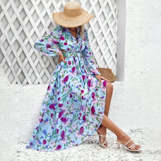 Damen nan luftig-fließendes Chiffon-Maxikleid mit Taillen-Cutouts, Rüschen-V-Ausschnitt und langen, transparenten Ärmeln EB