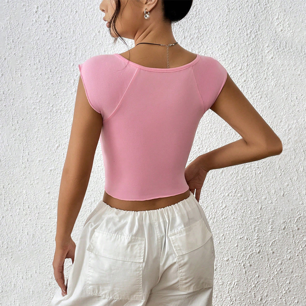 Damen figurbetontes Kurzarm-Oberteil mit Wickeldetail EB