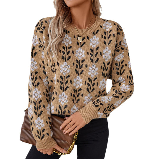 Damen lässiger Pullover mit floralem Muster und Rundhalsausschnitt EB