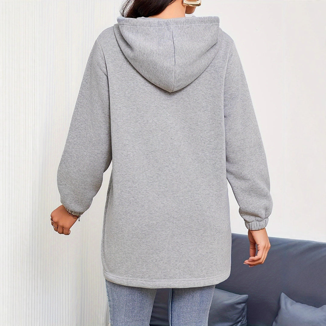 Damen nan Longline-Kapuzenjacke mit durchgehendem Reißverschluss, Kängurutaschen und elastischen Bündchen EB