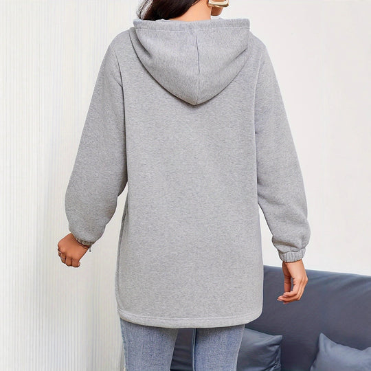 Damen nan Longline-Kapuzenjacke mit durchgehendem Reißverschluss, Kängurutaschen und elastischen Bündchen EB