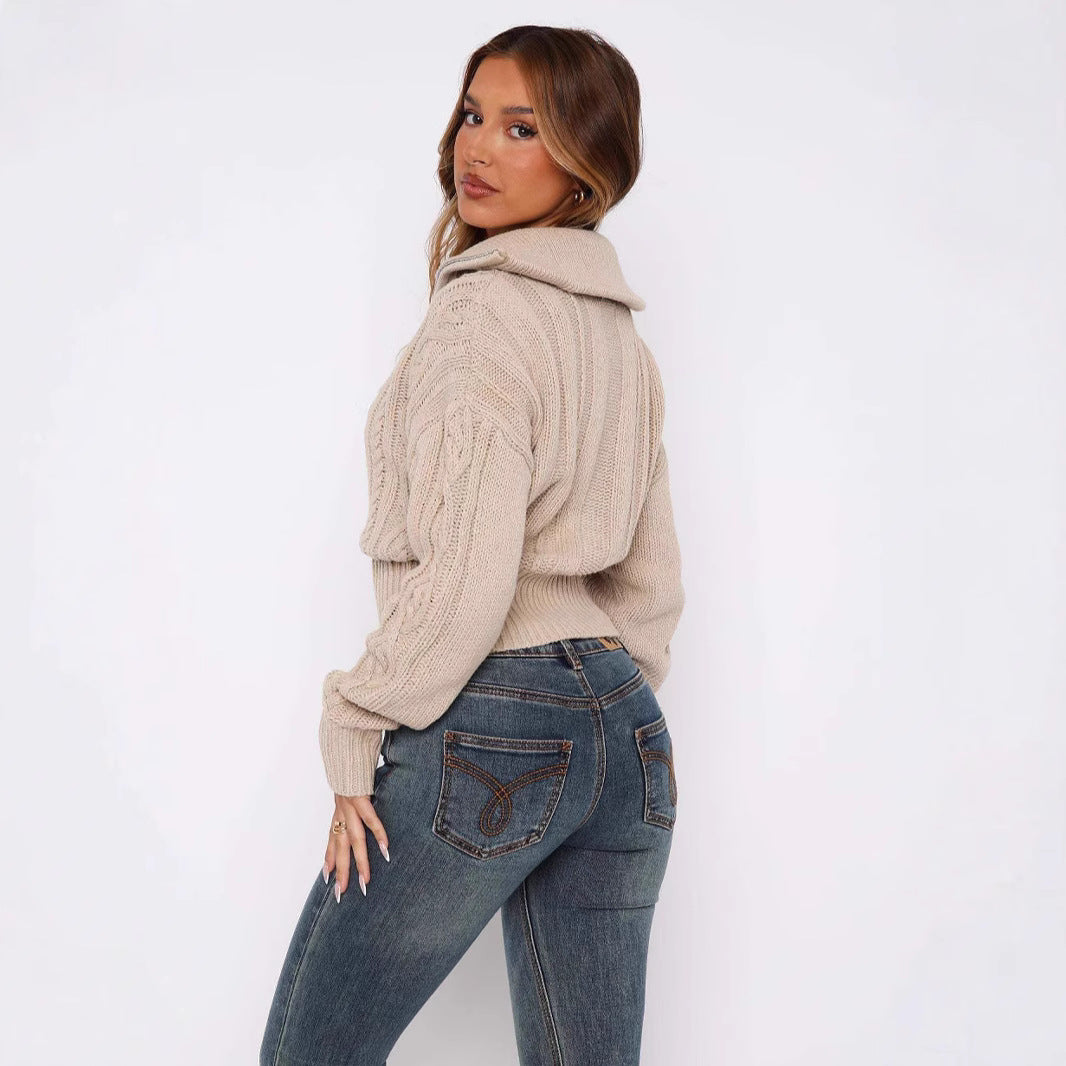 Damen cropped Strickjacke mit detailliertem Zopfmuster und hohem Kragen EB