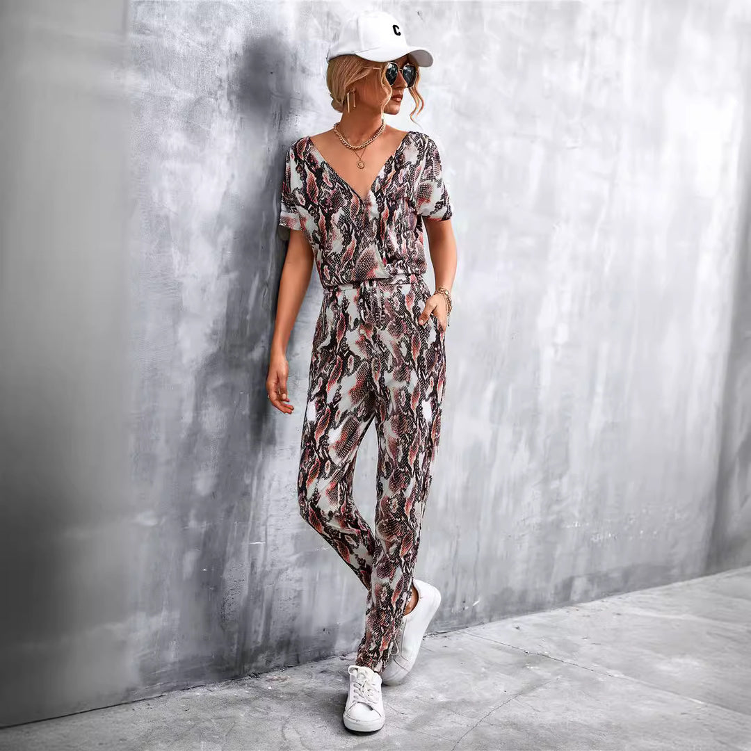 Damen elegante Jumpsuit im Snake-Print-Stil mit Taillengürtel und V-Ausschnitt EB