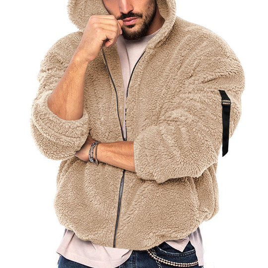 Herren kuschelige Teddyjacke mit seitlichen Reißverschlusstaschen und Kapuze EB
