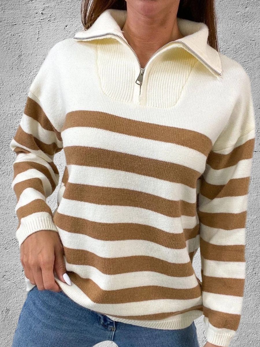 Damen gemusterter Pullover mit Stehkragen und Reißverschluss EB