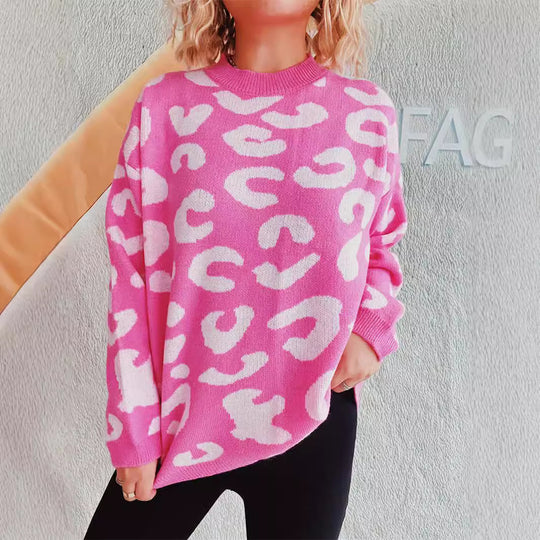 Damen gemütlicher Pullover im modernen Leopardenmuster EB