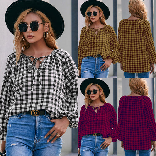 Damen Bluse mit Karo-Muster und Schleifendetail EB