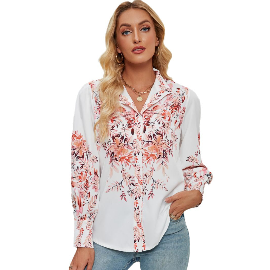 Damen Bluse mit floralen Akzenten und elegantem Knopfleisten-Design EB