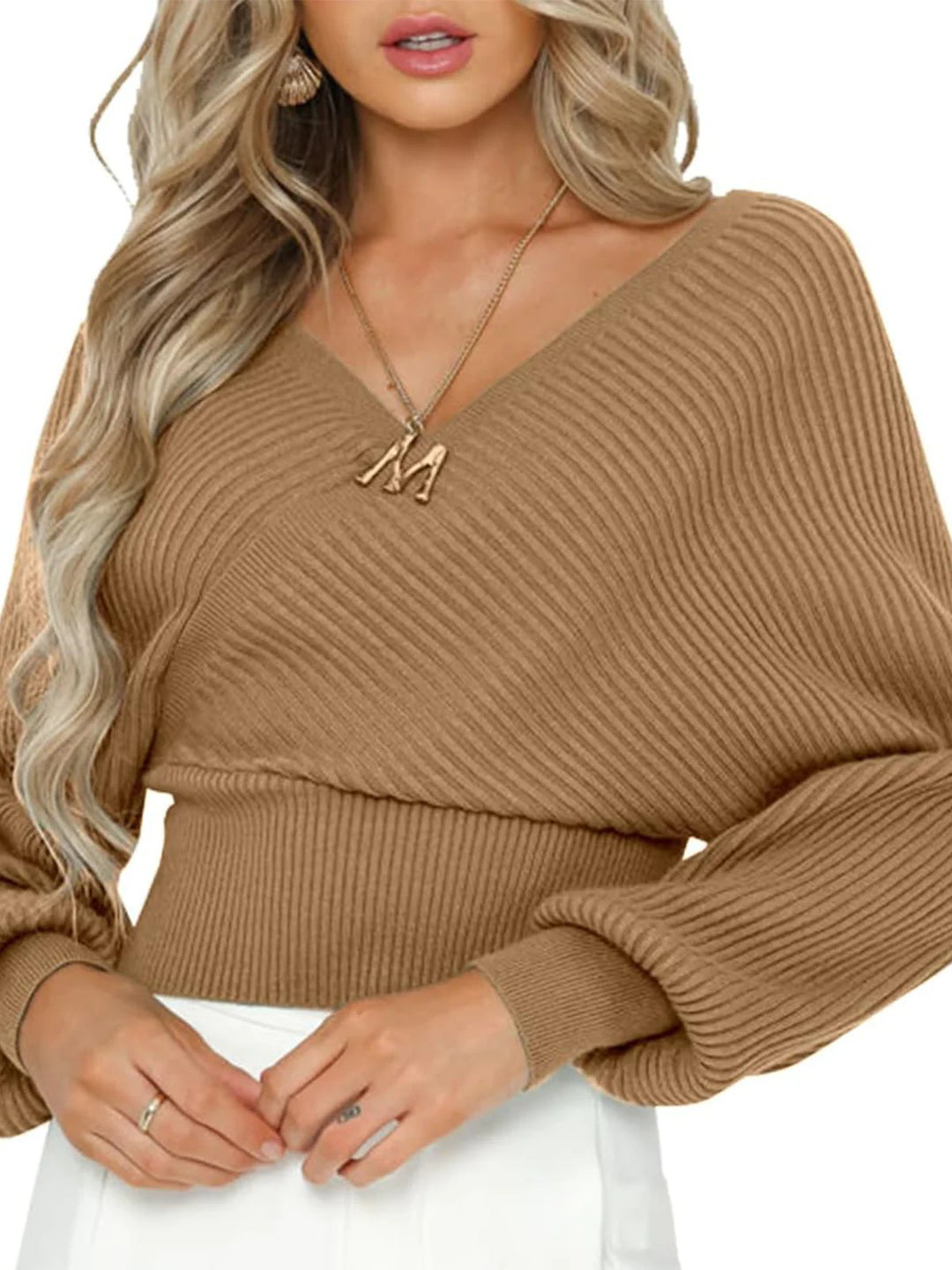 Damen nan gestrickter Off-Shoulder Cropped-Pullover mit Wickeloptik und Ballonärmeln EB