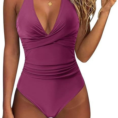Damen Hochtaillierter Badeanzug mit tiefem V-Ausschnitt und floralem Design EB