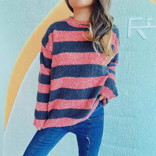 Damen gemütlicher Streifenpullover aus weichem Material mit weitem Schnitt EB