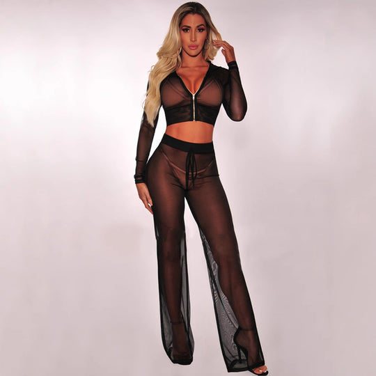 Damen Transparente Lounge-Hose mit Reißverschluss und Hohem Bund EB