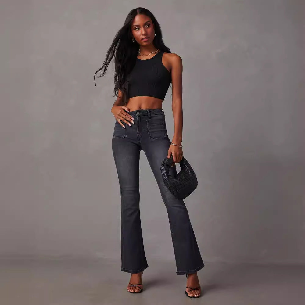 Damen Flared Jeans mit hohem Bund und strukturiertem Denim EB