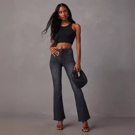 Damen Flared Jeans mit hohem Bund und strukturiertem Denim EB
