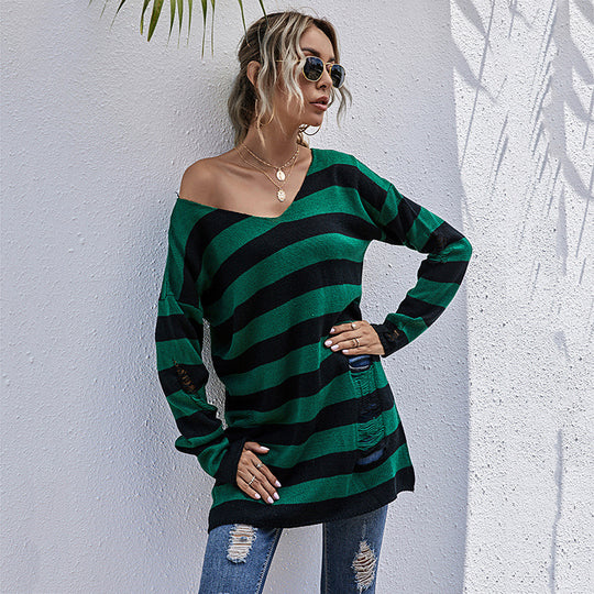 Damen gestreifter Oversized Pullover mit tiefem V-Ausschnitt und trendigen Cut-Outs EB