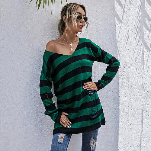 Damen gestreifter Oversized Pullover mit tiefem V-Ausschnitt und trendigen Cut-Outs EB