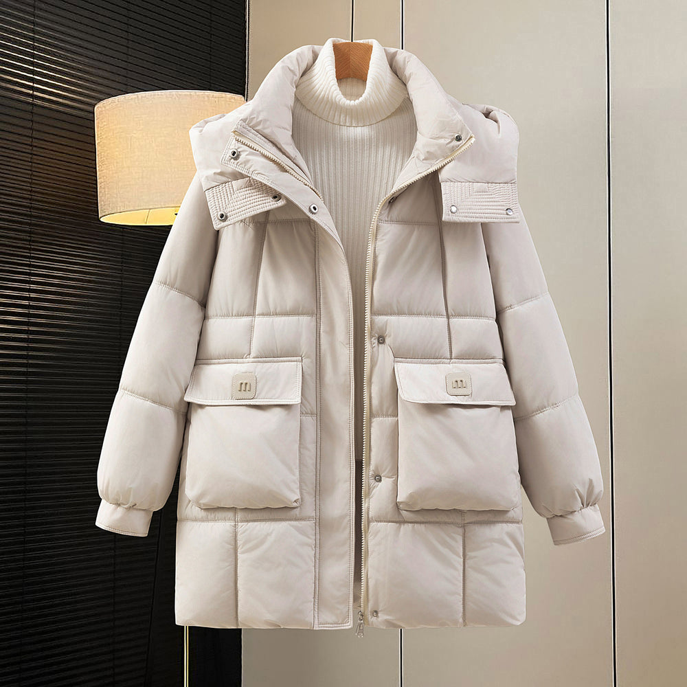 Damen funktionelle und stilvolle Winterjacke mit Taschen und Kapuze EB