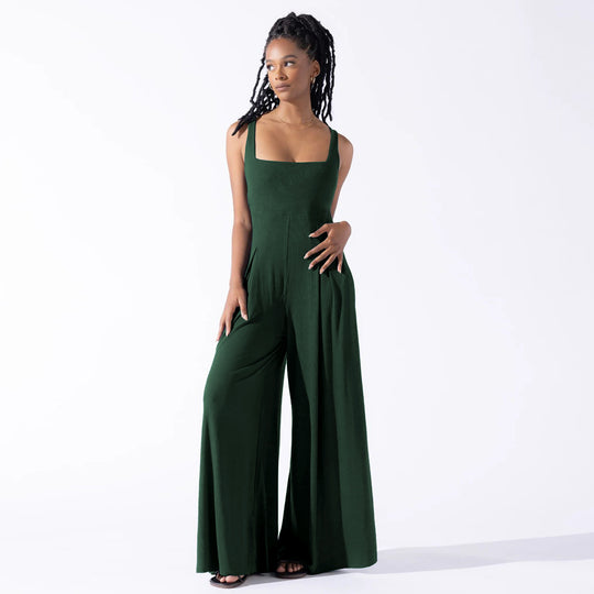 Damen Eleganter Jersey Jumpsuit mit weitem Bein und tiefem Ausschnitt EB